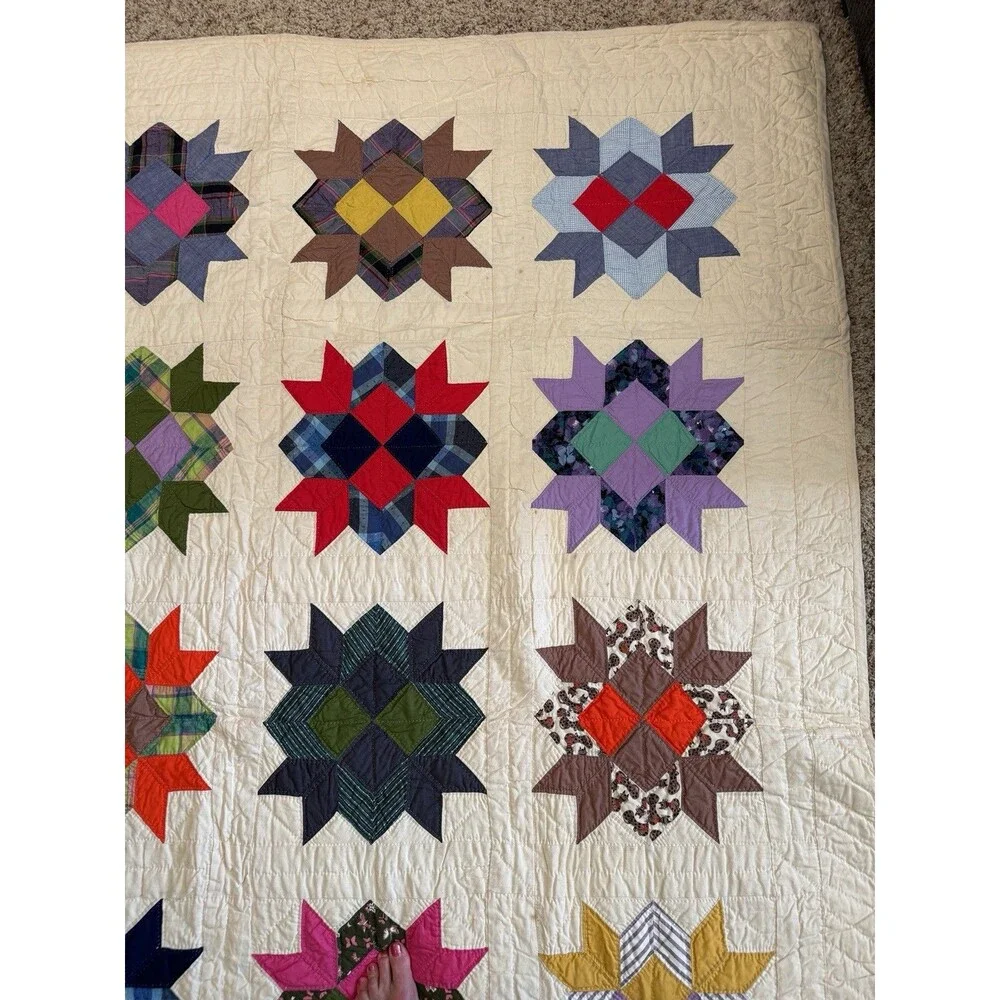 Vintage Handcrafted Patchwork Star Quilt Calico Cottagecore Folk Art 69